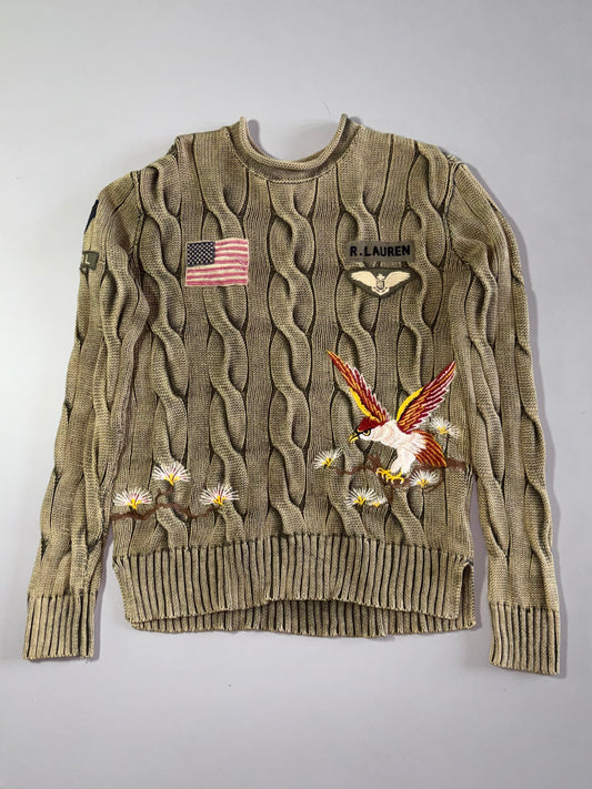 Polo Ralph Lauren Military Eagle & Flag Embroidered Cable Knit Sweater – Washed Olive imbroeider (S/M)