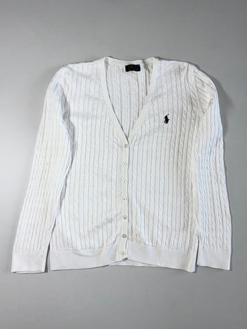 Polo Ralph Lauren White Cable-Knit V-Neck Cardigan with Black Pony Logo (S)