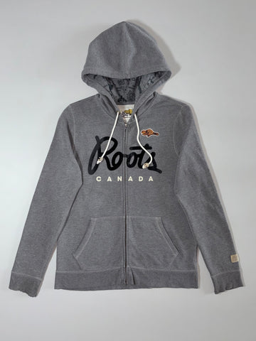 Roots Canada Zip-Up Hoodie – Grey, beaver patch + printed logo, (S)