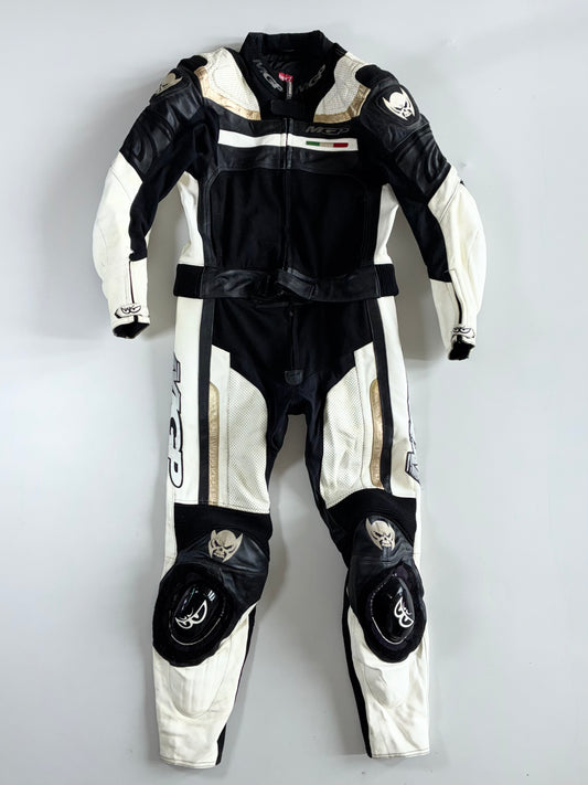 Vintage MGP x Berik Two-Piece Leather Racing Suit – White/Black/Gold  Padd with slider Jacket - (S)  (W:32 | L:38)