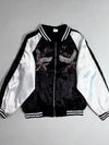 Embroidered Crane Sukajan Souvenir Bomber Jacket – Black/White Satin (S)