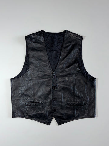 Vintage Genuine Leather Waistcoat – Black Button-Up Vest (XL)