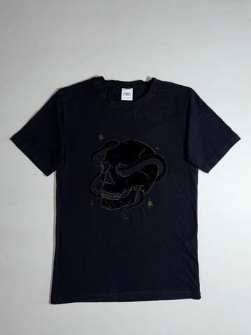 Zara | Black Velvet Skull Snake Embroidered Tee (XS)