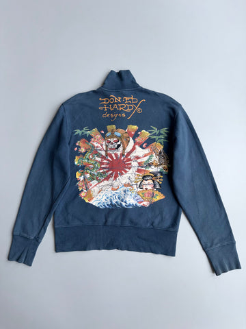 Ed Hardy by Christian Audigier Vintage Full-Zip Jacket | Japanese Rising Sun Skull & Geisha Print (M/L)