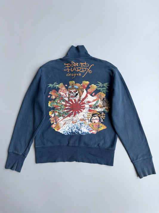Ed Hardy by Christian Audigier Vintage Full-Zip Jacket | Japanese Rising Sun Skull & Geisha Print (M/L)