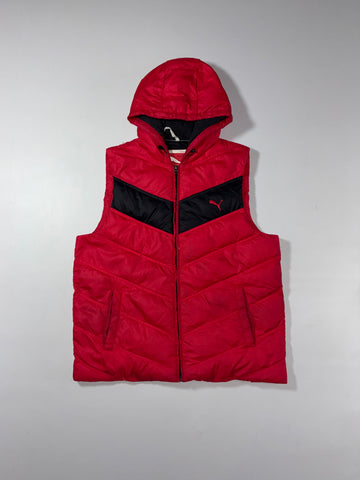 Puma Hooded Puffer Gilet – Red & Black Sleeveless Padded Vest (L)