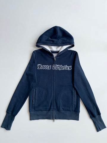 Roots Athletics | Navy Gothic Spellout Waffle-Lined Zip Hoodie | (XS)