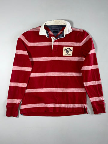 Tommy Hilfiger Red Striped Rugby Shirt – NY Crest Patch, Vintage Fit (M)
