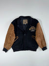 Vintage New Boys Castle Wool Varsity Jacket – Black/Tan Suede Sleeves (XL)