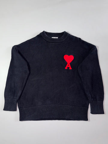 AMI Paris Black Knit Sweater – Red Heart A Logo (2XL)