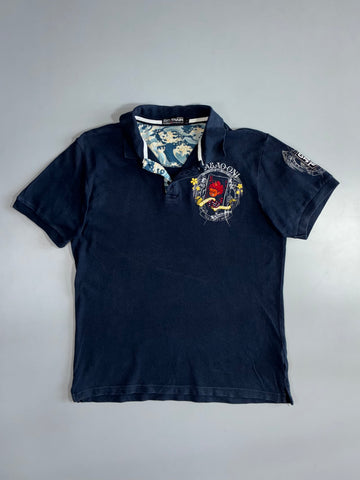 Big Train Japanese Graphic Polo Shirt | Oni Demon Wave Print | Navy (M)