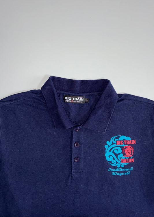 Big Train Osaka Raijin Wagara Graphic Polo – Navy, Traditional Japanese Print (L)