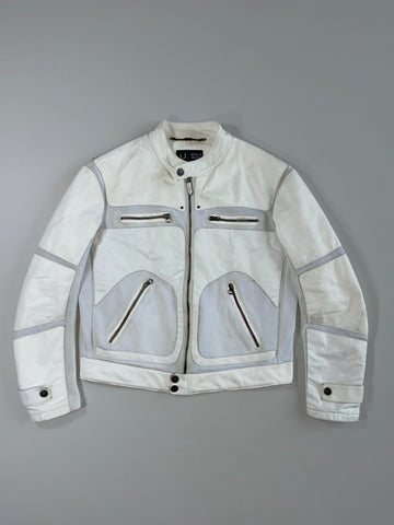 Vintage Armani Jeans White Perforated Leather Café Racer Biker Jacket (L)