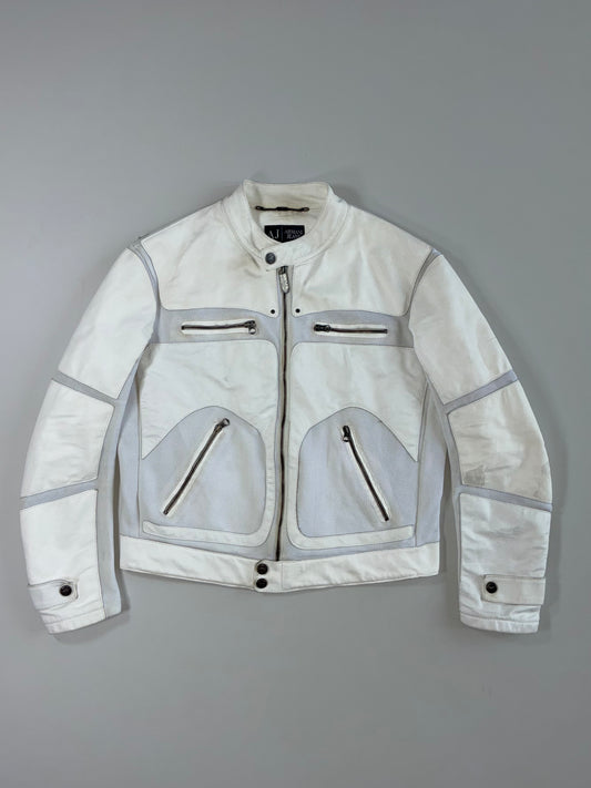 Vintage Armani Jeans White Perforated Leather Café Racer Biker Jacket (L)