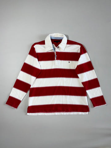 Tommy Hilfiger Block Stripe Rugby Polo Shirt — Red / White Long Sleeve (XS)