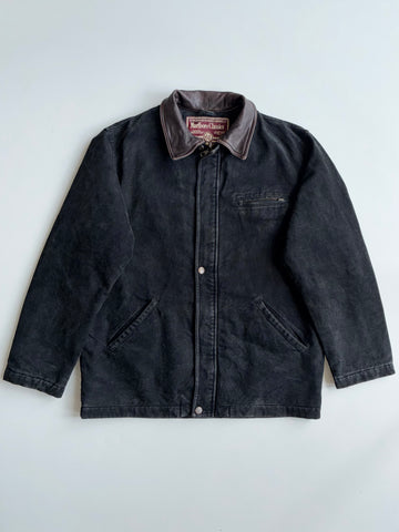 Marlboro Classics Vintage Black Canvas Work Jacket – Brown Leather Collar (XL)
