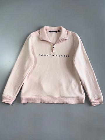 Tommy Hilfiger Quarter Zip Pullover Sweatshirt - Pink Embroidered Spell Out Vintage (L)