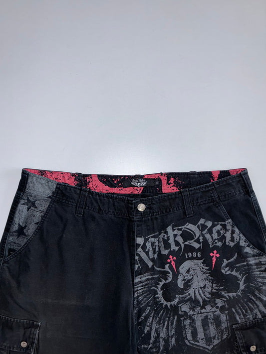 Rock Rebel | Graphic Cargo Shorts | Black & Red Eagle Print (W:38|L:23)