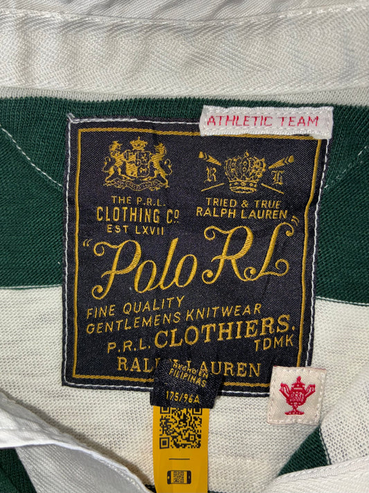 Polo Ralph Lauren Rugby Shirt Green & White Striped Long Sleeve Polo w/ Rose Embroidery, Men’s (XL)