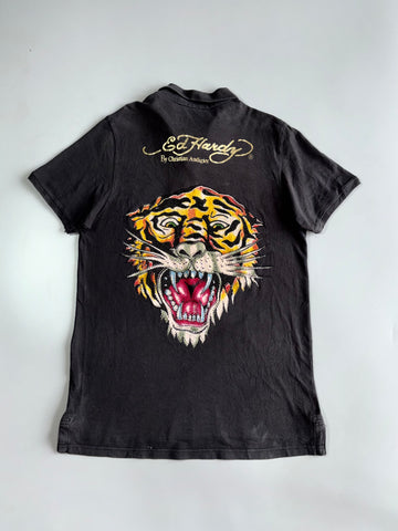 Ed Hardy by Christian Audigier Tiger Roar Polo Shirt W/ Rhinestones (L)