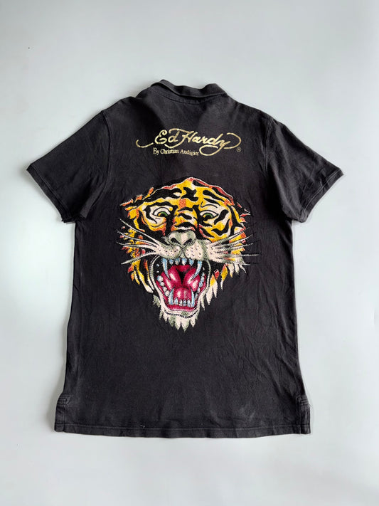 Ed Hardy by Christian Audigier Tiger Roar Polo Shirt W/ Rhinestones (L)