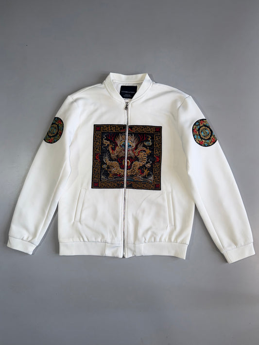 Oriental Dragon Embroidery Bomber Jacket – White ((M/L)