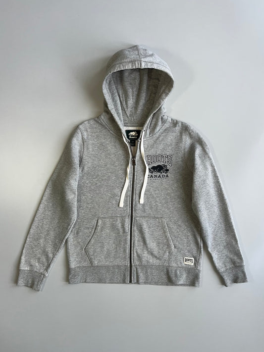 Roots Canada Full Zip Hoodie Grey Marl Beaver Arch Logo Fleece Sweatshirt (S)