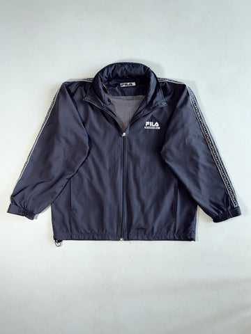 Vintage FILA International Navy Track Jacket – Logo Taped Sleeves, Mesh Lined (2XL)