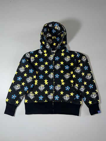 Sexy Diamond All-Over Print Full-Zip Hoodie — Black | Stars, Diamonds & Floral Pattern (S)