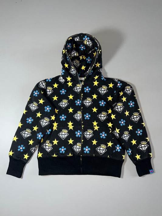 Sexy Diamond All-Over Print Full-Zip Hoodie — Black | Stars, Diamonds & Floral Pattern (S)