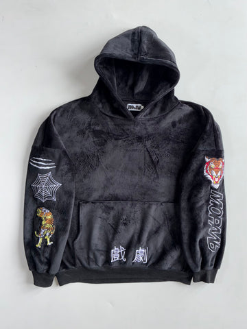 Black Velour Tiger & Spider Web Embroidered Hoodie(3Xl)