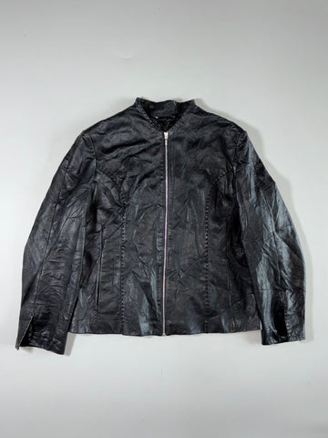 Vintage | Black Collarless Zip-Up Leather Jacket(M)