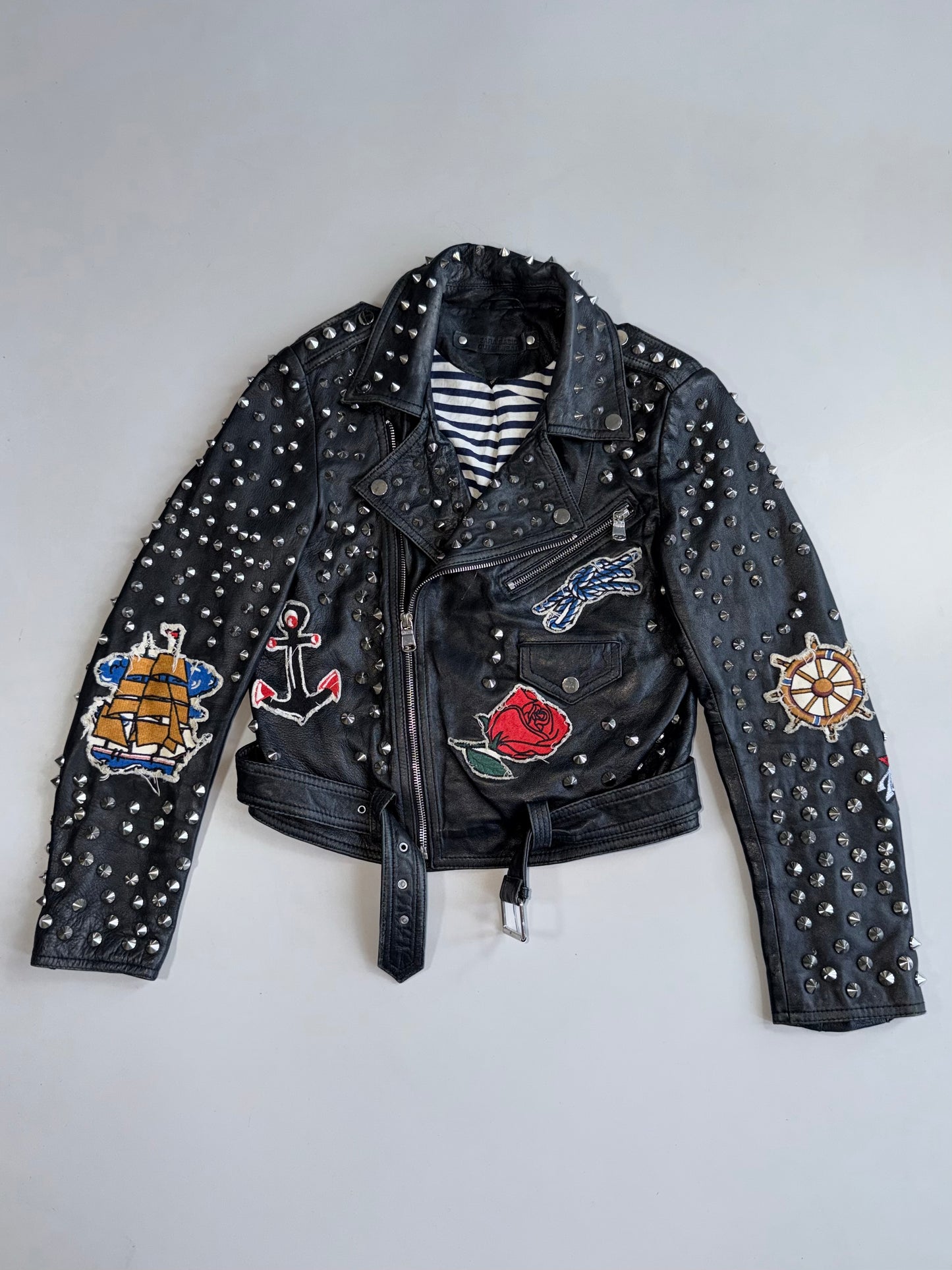 ZVintage Zara Studded Leather  Jacket Nautical Sailor Pin-Up Patches (XS)