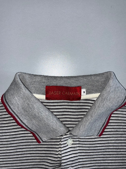 Jiaser Carmain Vintage Long Sleeve Striped Polo — Grey/Burgundy/White (M)