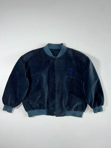 Navy Blue Textured Bomber Jacket with Embroidered Chest Logo & Contrast Ribbed Trim (2XL)