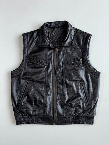 Vintage Black Leather Sleeveless Vest (XL)