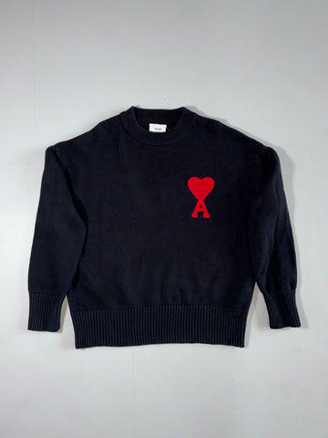 Ami Paris Ami de Coeur Black Crewneck Sweater – Red Heart Logo (XL)
