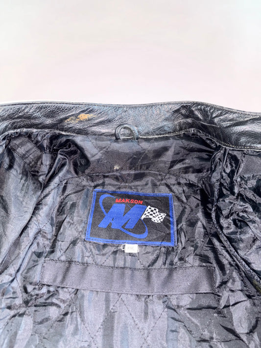 Lucky One by Makson | Patch Graphics Racing | Leather Moto Jacket (Paded)(XL)