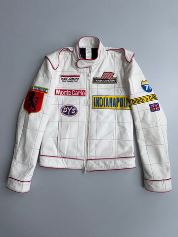 90's Dolce & Gabbana Vintage Racing Leather Jacket | “Indianapolis” Monte Carlo Patches | White Sheep Leather | Made in Italy Size (S/M)