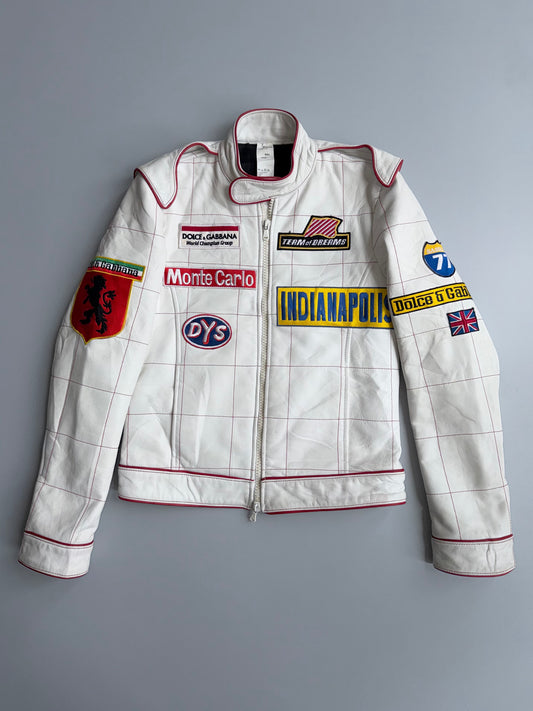 90's Dolce & Gabbana Vintage Racing Leather Jacket | “Indianapolis” Monte Carlo Patches | White Sheep Leather | Made in Italy Size (S/M)