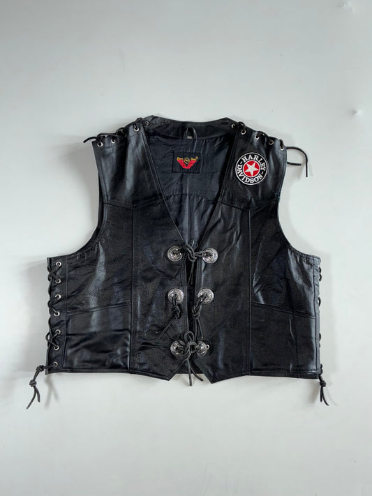 Vintage Euro Stars Harley Davidson Patch Lace-Up Leather Biker Vest (XL)