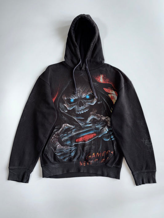 Spiral Direct “Gamers Never Die They Respawn” Skull All-Over Print Black Hoodie (L)