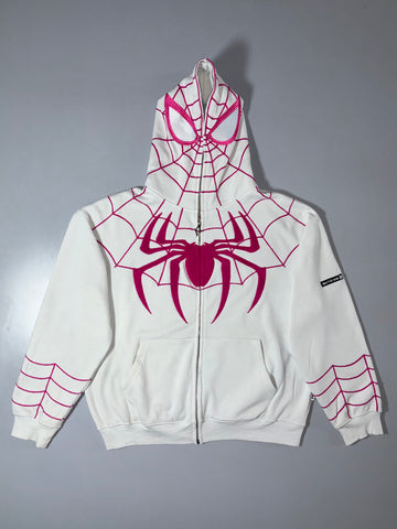 Battlekid Spider-Web Embroidered Full-Zip Hoodie – White/Pink (2XL)