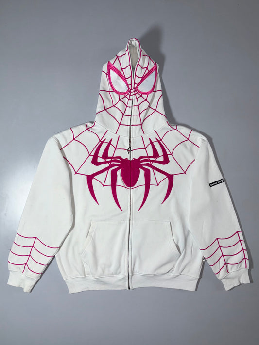 Battlekid Spider-Web Embroidered Full-Zip Hoodie – White/Pink (2XL)
