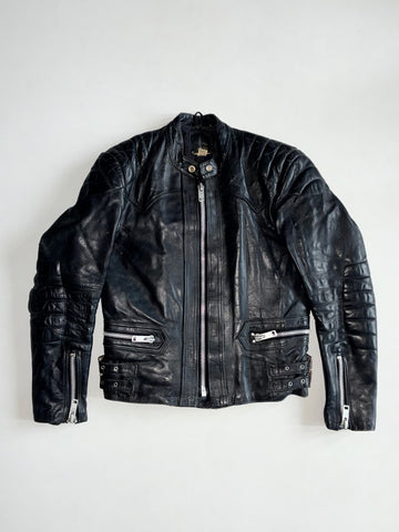 Vintage 70s/80s Made in England Black Leather Café Racer Motorcycle Jacket with Quilted Shoulders & Elbows (S)