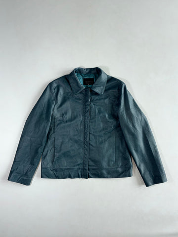 Jacker’s Slate Teal Pebbled Leather Collared Jacket with Hidden Placket, (M)