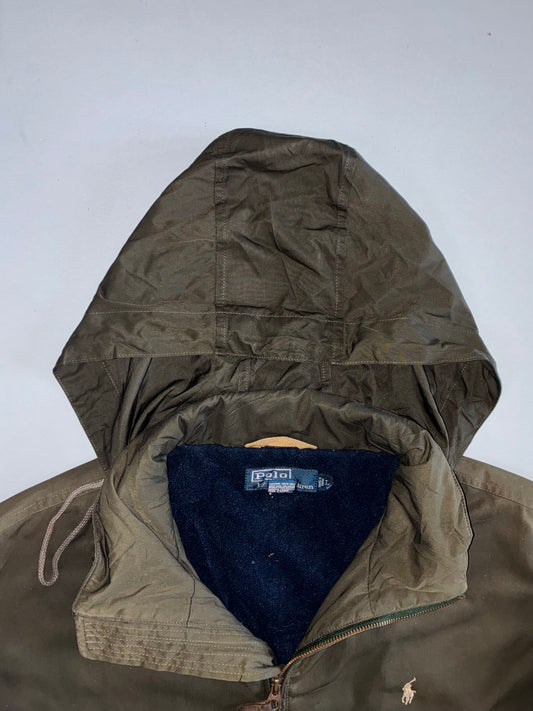 Vintage Polo Ralph Lauren Fleece Lined Hooded Jacket | Olive Green Navy Interior Zip-Up Pony Logo (XL)