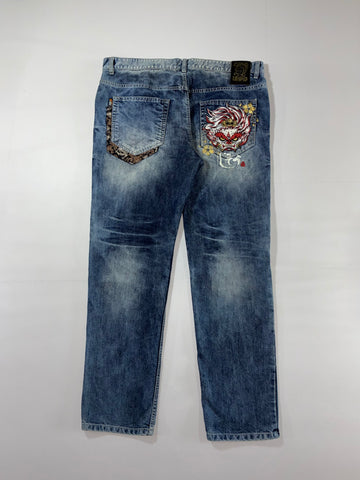 Japanese Oni Leather-Patch Brocade Panel Jeans embroidered (W:42) (L:44.5)