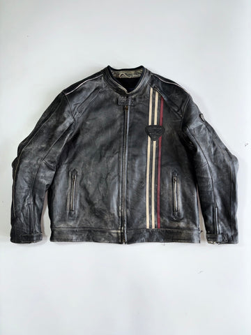 Triumph Original Distressed Pure Leather Biker Jacket | Union Jack Badge | Racing Stripes | Quilted Lining (2XL)