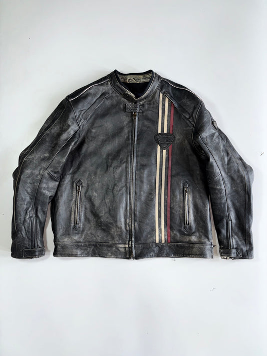 Triumph Original Distressed Pure Leather Biker Jacket | Union Jack Badge | Racing Stripes | Quilted Lining (2XL)